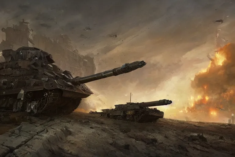 Image similar to A dieselpunk mega battle tank, crossing a trench while firing it's main canon, matte painting by Greg Rutkowski Raphael Lacoste and John Berkey, realistic, raytracing, trending on Artstation