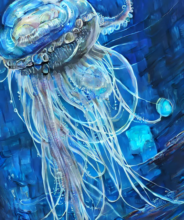 Image similar to a hyper detailed painting of a cyberpunk jellyfish, cables everywhere, blue tones, underwater, highly detailed, digital painting, artstation, concept art, smooth, sharp focus, illustration, art by artgerm and greg rutkowski and alphonse mucha