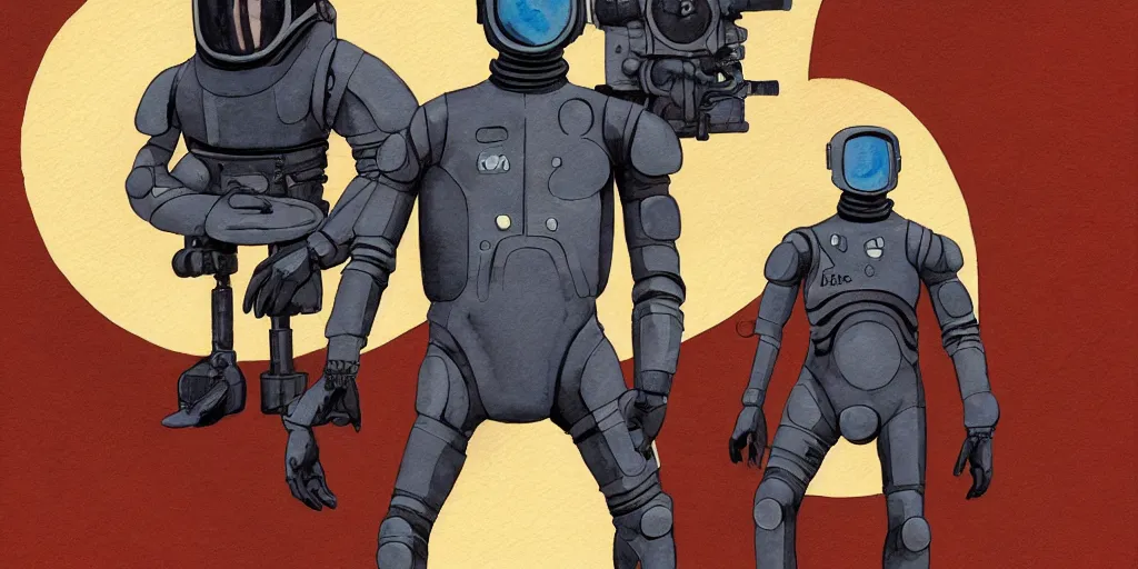 Prompt: male, full body, wide shot, modern space suit, intriguing helmet, stylized character design, the expanse tv series, large shoulders, short torso, long thin legs, tiny feet, science fiction, hyperdetailed, technical suit, dieselpunk, watercolor digital painting, in the style of mike mignola, in the style of bruce timm, by alex maleev