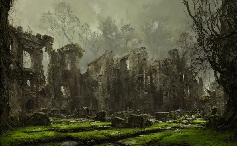 Image similar to painting of ruins of a medieval castle covered by vegetations and moss by greg rutkowski and Craig Mullins, Dark atmospheric sad and cinematic lighting, Trending on artstation