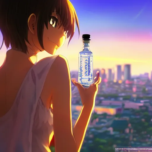 Prompt: closeup of an Anime girl with an transparent Aguardiente Cristal Sin Azucar bottle in her hand with the city of Armenia Quindio in the background, Artwork by Makoto Shinkai, official media, 8k, pixiv, high definition, wallpaper, hd, digital artwork