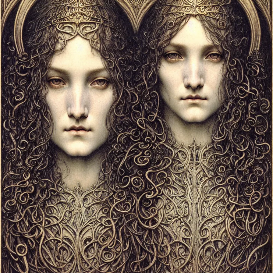 Image similar to detailed realistic beautiful young medieval queen face portrait by jean delville, gustave dore and marco mazzoni, art nouveau, symbolist, visionary, gothic, pre - raphaelite. horizontal symmetry