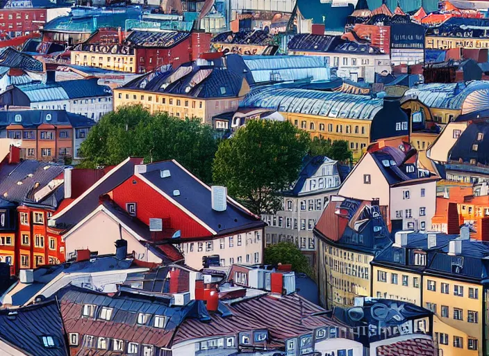 Prompt: photograph of the rooftops of gothenburg sweden, morning light, landscape photography, award winning, canon, soft lighting, sony, nikon, 4 k, hd