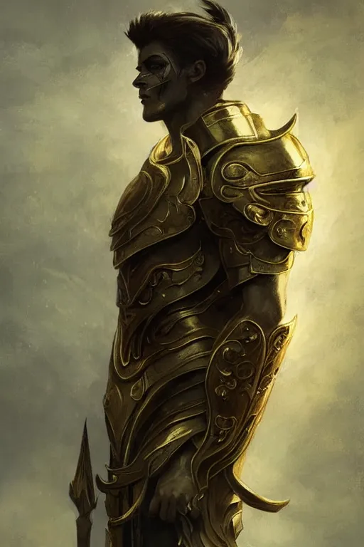 Image similar to a masculine elegant man from sideview with large shoulders, armor, and wearing golden laurel wreath, ethereal horror fantasy art by greg rutkowski and magali villanueve and monet con