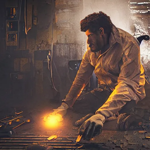 Image similar to augmented human repairing old yellow casette deck, dark messy smoke - filled cluttered workshop, sparks, dark, dramatic lighting, orange tint, cinematic, highly detailed, sci - fi, futuristic, movie still from blade runner