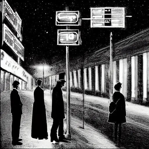 Prompt: some people waiting at bus stop in dark city night, detailed, high quality,a scene by Stanley kubrick, sci-fi, reimagined by industrial light and magic