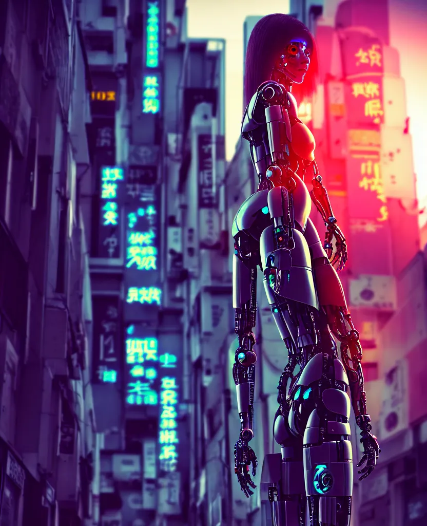 Image similar to a photo close up cyberpunk half robot half girl stands in a cyberpunk hiroshima, prefecture streets, sunset, photorealistic, cinematic lighting, very detailed, style by tomino - sama