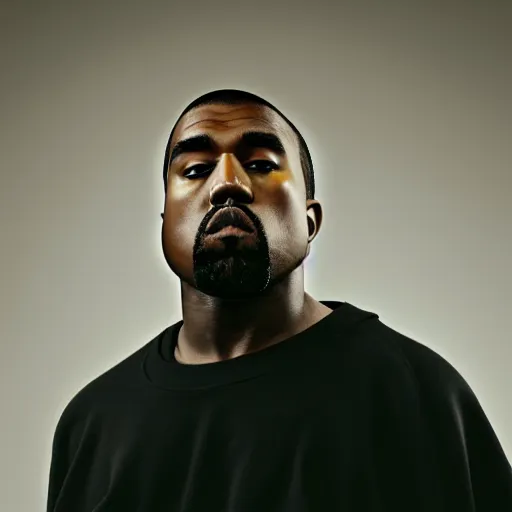 Image similar to 4 k editorial photograph of down syndrome kanye west, sharp focus, soft lighting, edge lighting, studio portrait, 1 3 mm film color grading