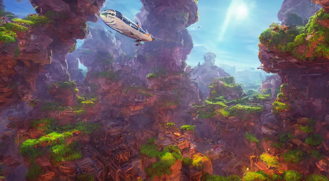 Image similar to open door wood wall fortress airship greeble block amazon jungle on portal unknow world ambiant fornite colorful radiating a glowing aura global illumination ray tracing hdr fanart arstation by sung choi and eric pfeiffer and gabriel garza and casper konefal