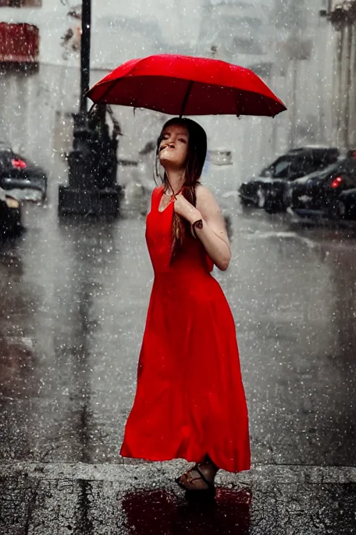 Image similar to a girl in a red dress crying in the middle of a city while its raining