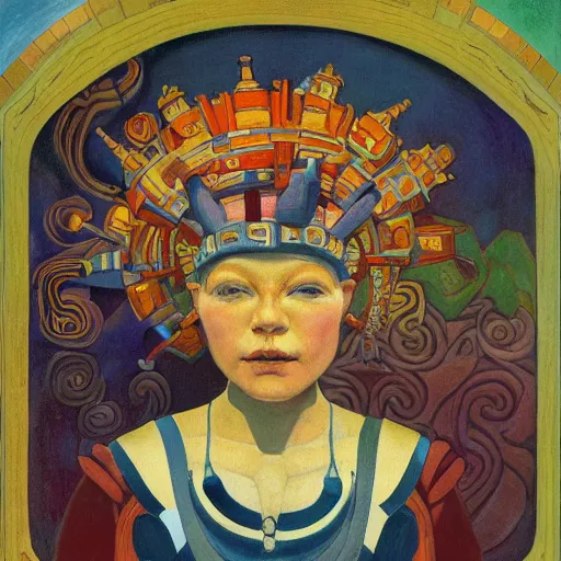 Image similar to the little robot queen in her regalia, by annie swynnerton and alayna danner and diego rivera and nicholas roerich, symbolist, dramatic lighting, elaborate geometric ornament, smooth, sharp focus, extremely detailed, leo and diane dillon, adolf wolfli, soft pastel colors