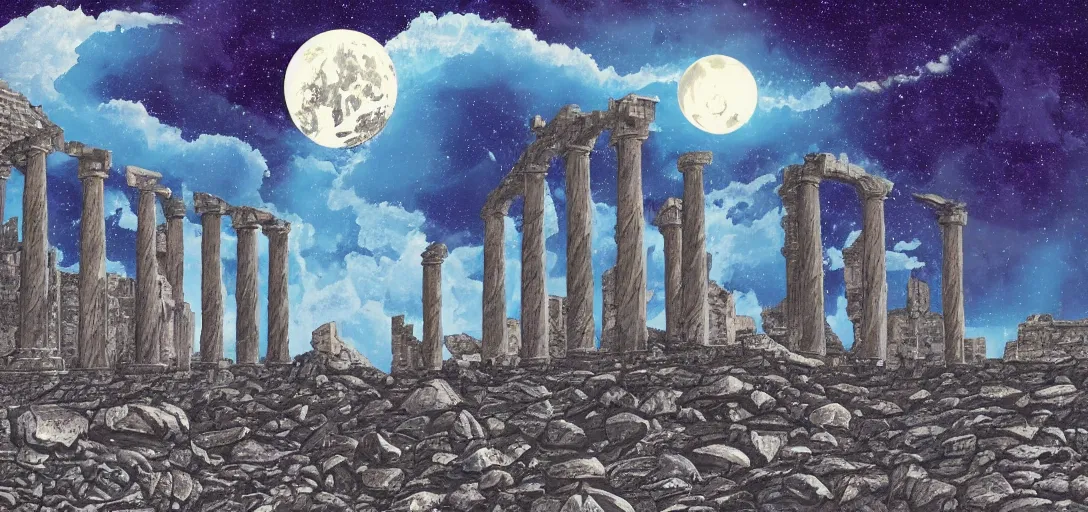 Image similar to The ruins of the Silver Millennium on the moon from Sailor Moon, digital painting, Earth in the distance, Greek-esque columns and ruins