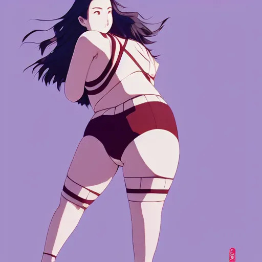 Image similar to a beautiful plus sized model japanese natalie portman, alluring plus sized model, wearing mayan leotard with overalls, street fashion hip hop style with mayan patterns, aztec street fashion, gapmoe yandere grimdark, trending on pixiv fanbox, painted by greg rutkowski makoto shinkai takashi takeuchi studio ghibli, akihiko yoshida