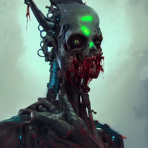 Image similar to portrait of a horrific cybernetic zombie, cyberpunk concept art by pete mohrbacher and artgerm and wlop and greg rutkowski and deathburger, digital art, highly detailed, intricate, sci-fi, sharp focus, Trending on Artstation HQ, deviantart, unreal engine 5, 4K UHD image