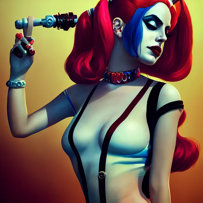 Prompt: portrait of lana del ray as a harley quinn. intricate abstract. intricate artwork. smooth. by Tooth Wu, wlop, beeple, dan mumford. octane render, trending on artstation, greg rutkowski very coherent symmetrical artwork. cinematic, hyper realism, high detail, octane render, 8k, iridescent accents