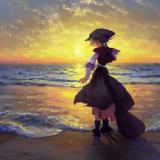 Image similar to Beautiful portrait of Kirisame Marisa from the Touhou project at the beach at sunset, touhou project official artwork, danbooru, oil painting by Antoine Blanchard, low detail, sold at an auction, oil on canvas , wide strokes, pastel colors, soft lighting, low contrast