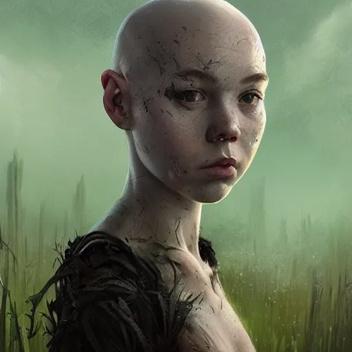 Image similar to fantasy portrait of a bald-headed girl in the style of Anya Taylor with black scars on her face, swamp vegetation in the backround, nocturnal palette, art by Greg Rutowski, Raphael Lacoste, Eddie Mendoza