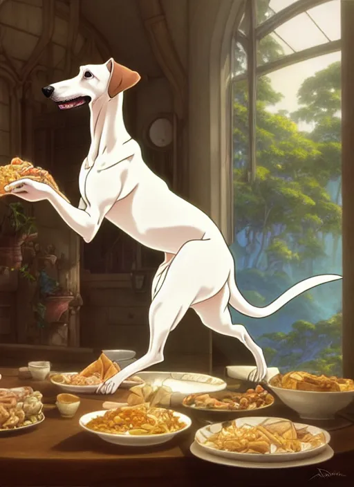 Prompt: white brown greyhound stealing food, natural lighting, path traced, highly detailed, high quality, digital painting, by don bluth and ross tran and studio ghibli and alphonse mucha, artgerm