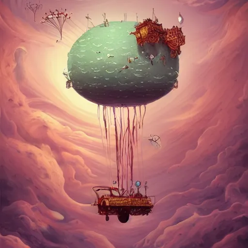 Prompt: Flying machine with jellyfish in the sky flying over desert and ocean, inspired by Cyril Rolando, David Wiesner, ornate, intricate, emitting light ornaments, trending on artstation, volumetric lighting, CGsociety, alizarin red, brick red, burgundy color, dull red, gray color, olive color, red and green, scarlet, shades of green, shades of red, swamp green, terracotta red