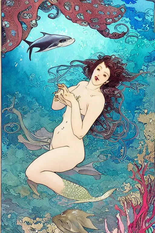 Prompt: a beautiful intricate watercolor illustration of a mermaid swimming with a manta ray in a coral reef, tropical fish and octopus, 4 k, ultra - wide angle, by william turner, by victo ngai, by alphonse mucha, by miho hirano, by moebius, hd, trending on artstation, hyper detailed, muted intense colors