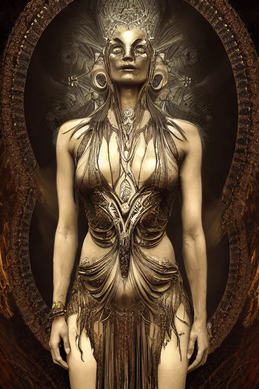 Image similar to a realistic dark photo of a beautiful ancient alien woman goddess kate moss nataraja standing in iris van herpen dress jewelery and fractals in style of alphonse mucha art nuvo dmt trending on artstation made in unreal engine 4