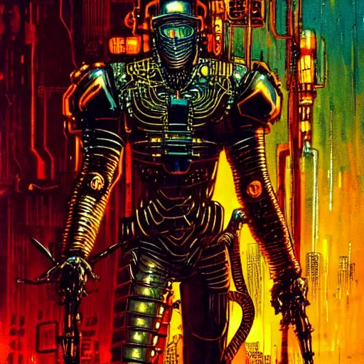 Prompt: cyberpunk knight, atmospheric lighting, painted, intricate, golden hour, ultra detailed by philippe druillet