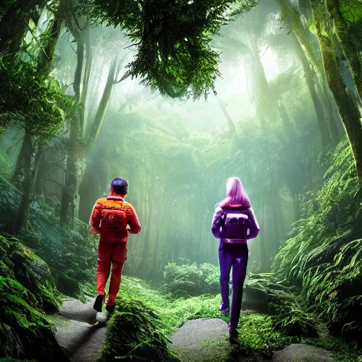 Prompt: a male and a female astronaut's walking in evergreen tropical rainforest in an outerspace outerplanet , mattepainting