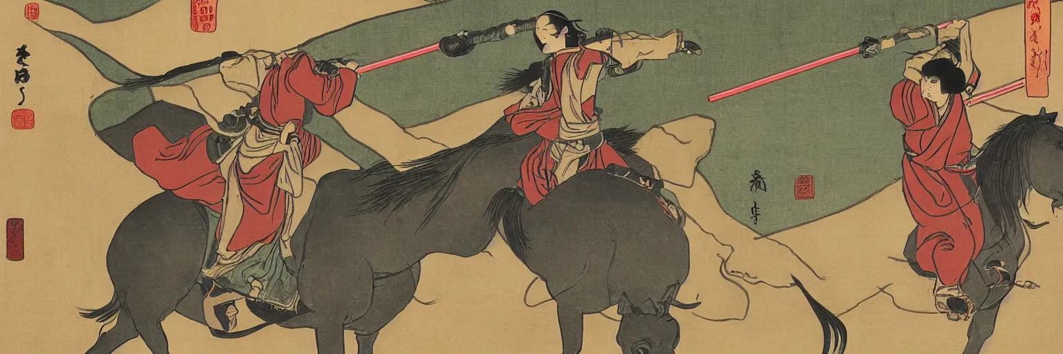 Image similar to Jedi riding on horseback with a lightsaber, rice paddy, ukiyo-e painting