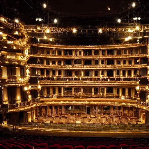 Image similar to high quality, high detail, vienna operahouse interior, burning jungle set design, photorealistic lighting