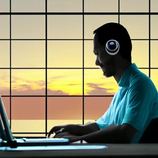 Image similar to friendly avatar computer programmer working late at night sunset outside window headphones terminal