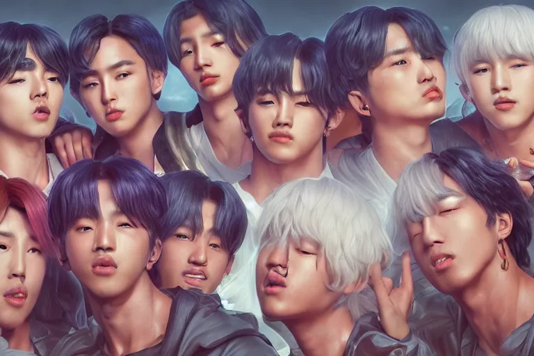 Prompt: an ultra detailed matte portrait of the bts singers in a baroque style, 8 k, volumetric lighting, smooth, highly detailed, digital illustration, art by greg rutkowski and akira toriyama and artgerm