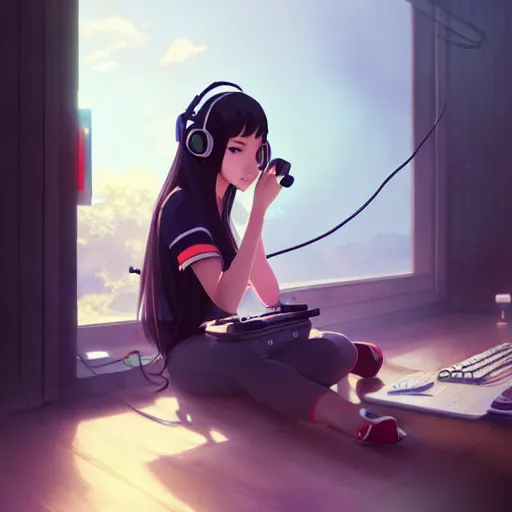 Image similar to beautiful young asian woman with long hair, with gaming headset, cute, playing on a comuter, realistic, detailed, cel shaded, in the style of makoto shinkai and greg rutkowski and james gurney