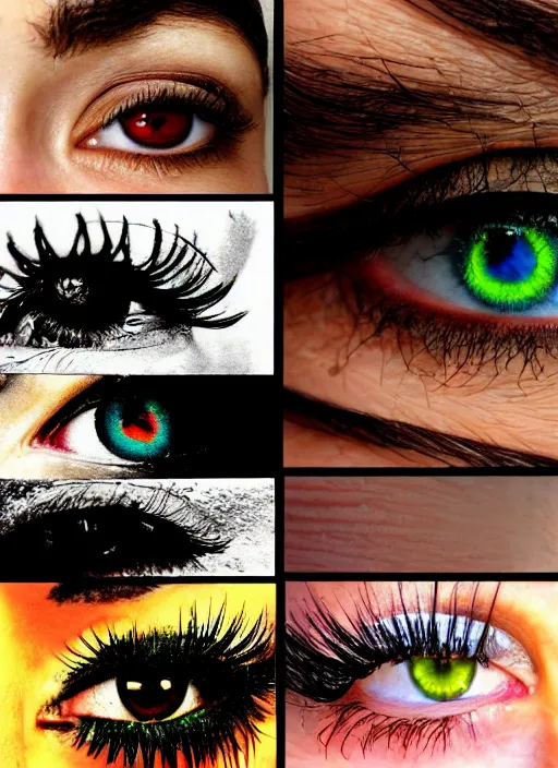 Prompt: grid montage of eyes, square dilated pupils, detailed colored textures, eyelashes, advanced art, art styles mix, from wikipedia, wet reflections in eyes, sunshine light, hd macro photograph, from side, various eyelid positions, square black pupil centered