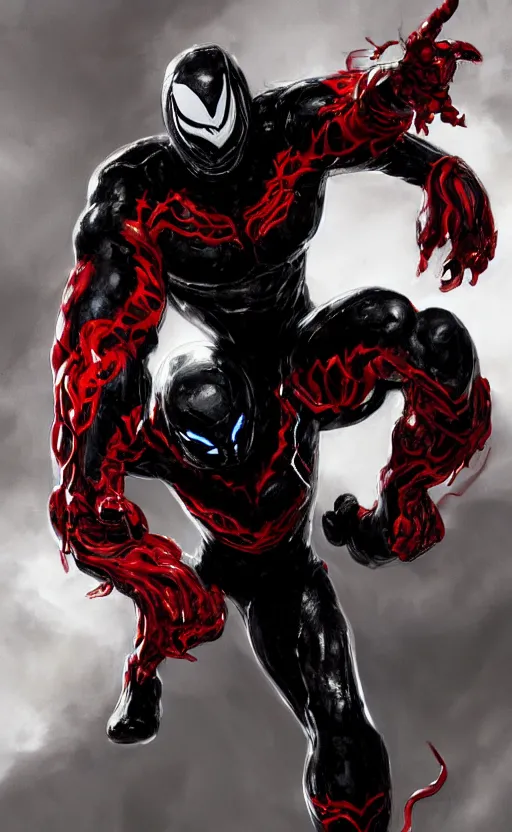 Image similar to venom in a venom inspired ironman suit, black and red, dynamic lighting, photorealistic fantasy concept art, trending on art station, stunning visuals, terrifying, creative, cinematic