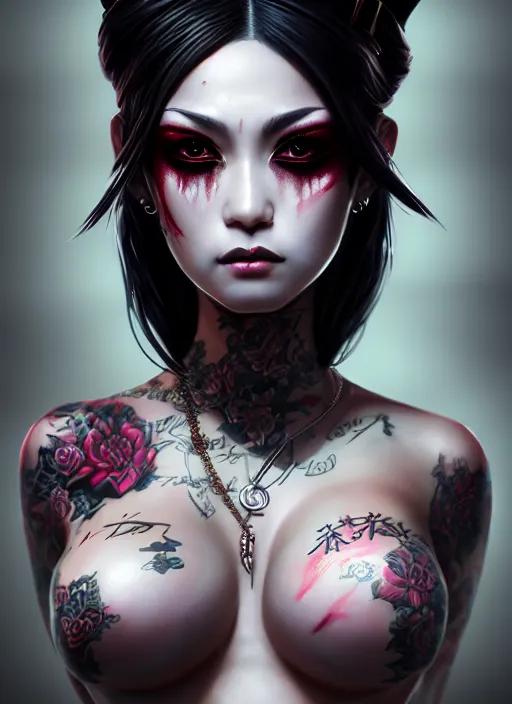 Image similar to soft lustrous ebony geisha seductive yakuza gothic gutter punk, urban decay dark fantasy, dark art, highly detailed, digital painting, octane render, artstation, concept art, smooth, sharp focus, illustration, art by artgerm, loish, wlop