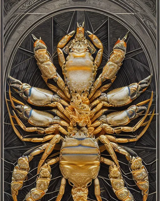 Image similar to symmetry, intracate white marble bas relief sculpture with gold wire inlay, thousands of crabs crabs spiders, snakes, highly detailed, intricately detailed, art nuevo, octane, 8 k, hdr, art by hr geiger and ridley scott, and alphonse mucha, trending on artstation