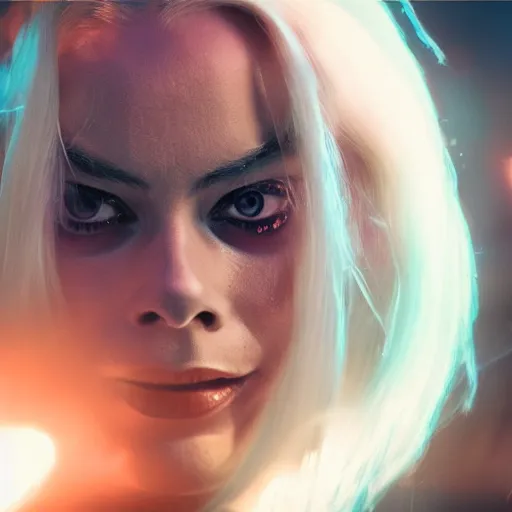 Image similar to Margot Robbie as real-life Jinx from Arcane, league of legends, cinematic, Wide-shot, atmospheric fog and lighting, directed by Michael Bay, extreme detail, 8K, movie still