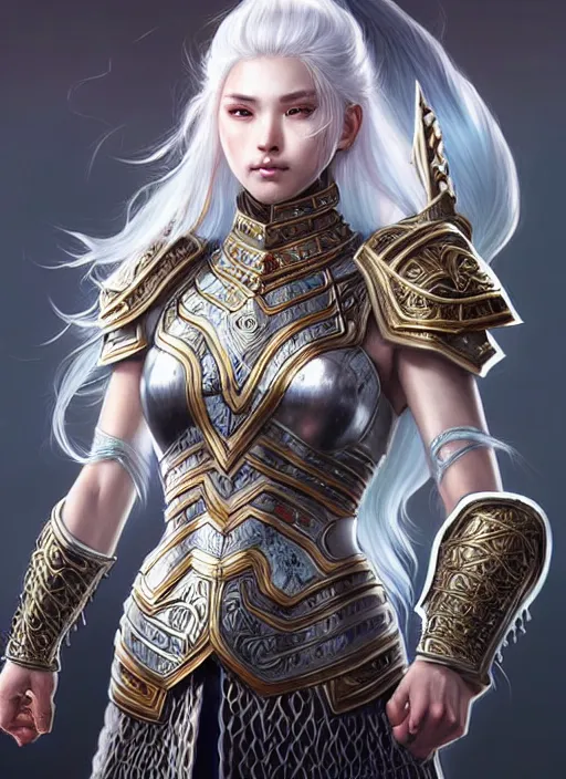 Image similar to warrior, intricate ornate opal heavy armor!!! beautiful and athletic white hair female!! gorgeous face and eyes!! character concept art, sharp focus, octane render! unreal engine 5! highly rendered!! trending on artstation!! detailed linework!! illustration by artgerm, wlop, and chie yoshii