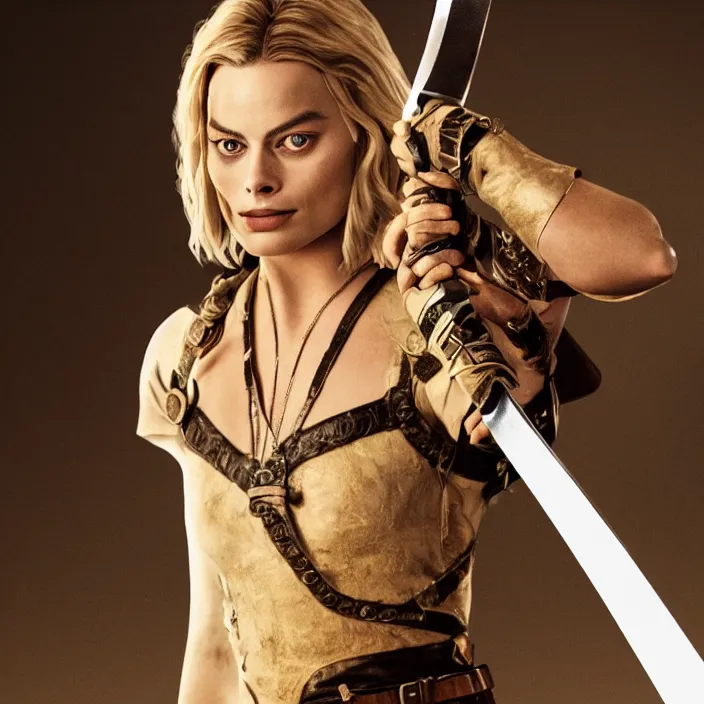 Image similar to margot robbie, broadsword in her hands, sword. very coherent symmetrical artwork. cinematic, high detail, octane render, 8 k