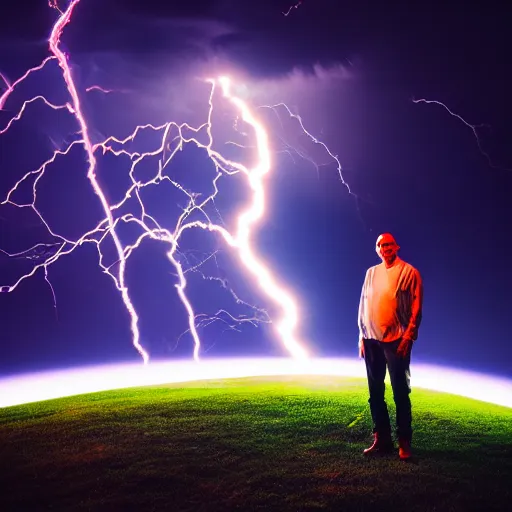 Image similar to man + tesla coil lightning, photo, detailed, 4 k