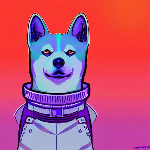 Prompt: a synthwave shiba inu in samurai armor, digital art