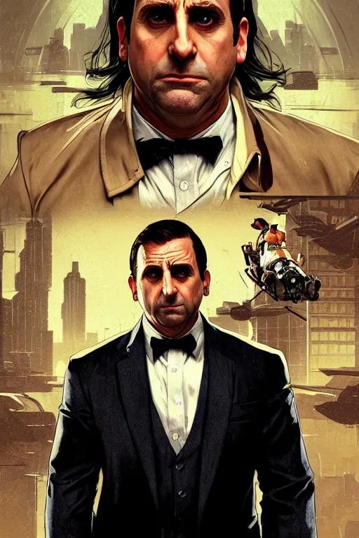 Image similar to gta 5 steve carell profile picture by greg rutkowski, michael scott, the office, dynamic pose, intricate, futuristic, fantasy, elegant, by stanley artgerm lau, greg rutkowski, thomas kindkade, alphonse mucha, loish, norman rockwell, fantasy lut, asymmetric, long hair, retro computer graphics, video game, fluid lines,