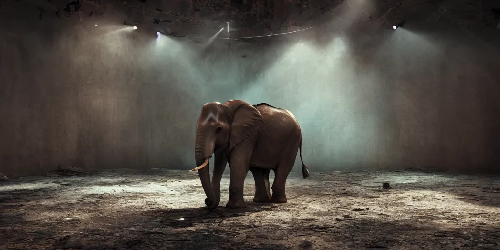 Prompt: an ominous translucent elephant in an abandoned circus tent, horror movie, octane render, unreal engine