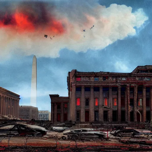 Prompt: dystopian, destroyed washington dc, real, blue sky, smoke, red clouds, detailed, award winning, masterpiece, photograph, cinematic, hyperrealism