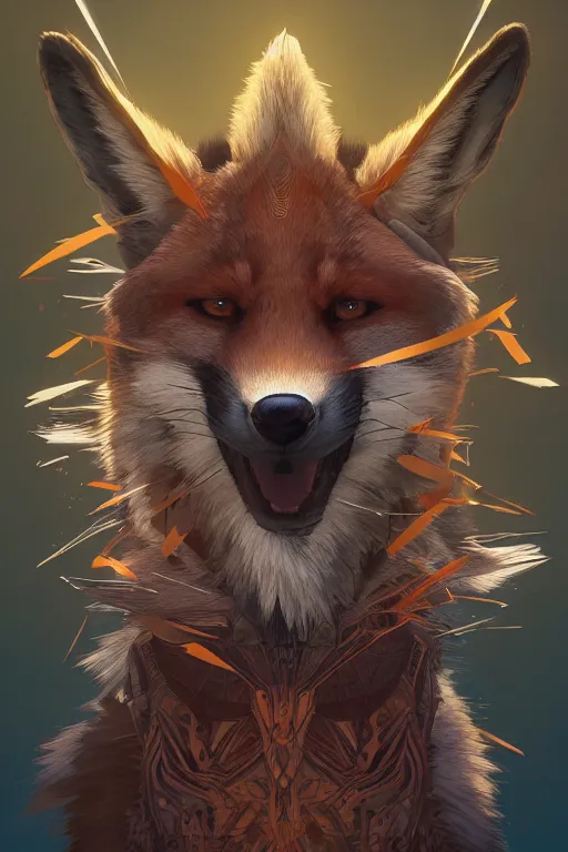 Image similar to symmetry!! portrait of fox furry in the style of horizon zero dawn, machine face, intricate, elegant, highly detailed, digital painting, artstation, concept art, smooth, sharp focus, illustration, art by artgerm and greg rutkowski and alphonse mucha, 8 k