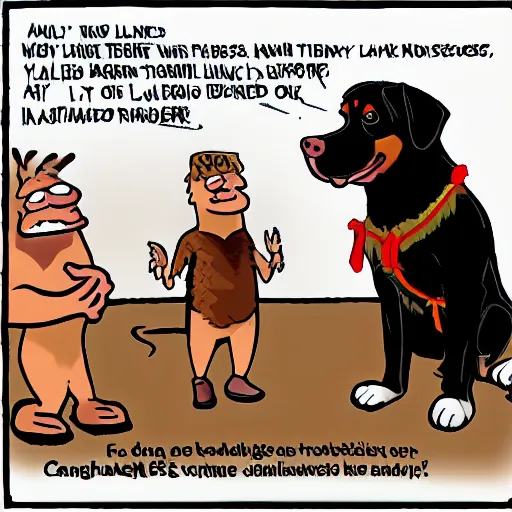 Image similar to Rottweiler wearing caveman attire, cartoon