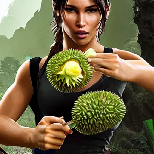 Prompt: Lara croft eating durian