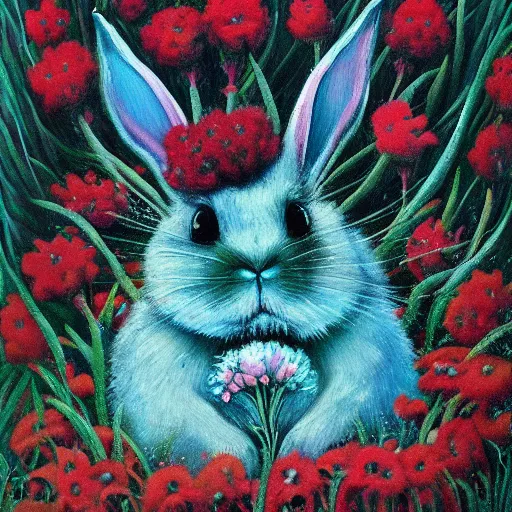 Prompt: A painting of a huge cute bunny eating flowers in the style of Zdzistaw Beksinski