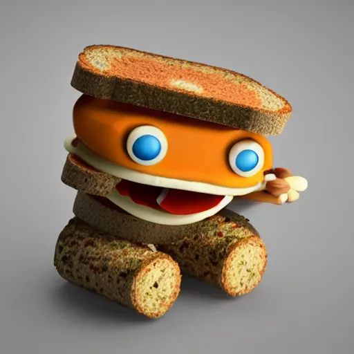 Image similar to a anthropomorphic cartoon sandwich eating itself, 3D render, realistic, 4K