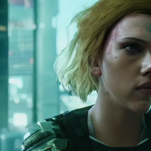 Image similar to injured scarlett johansson after a bad mission in Cyberpunk 2077. CP2077. 3840 x 2160